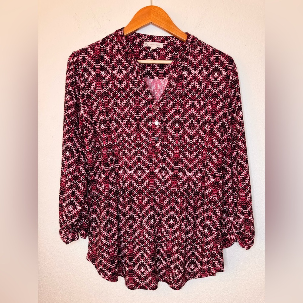 Dress Barn Pink/Black/White Button Blouse 3/4 Sleeve